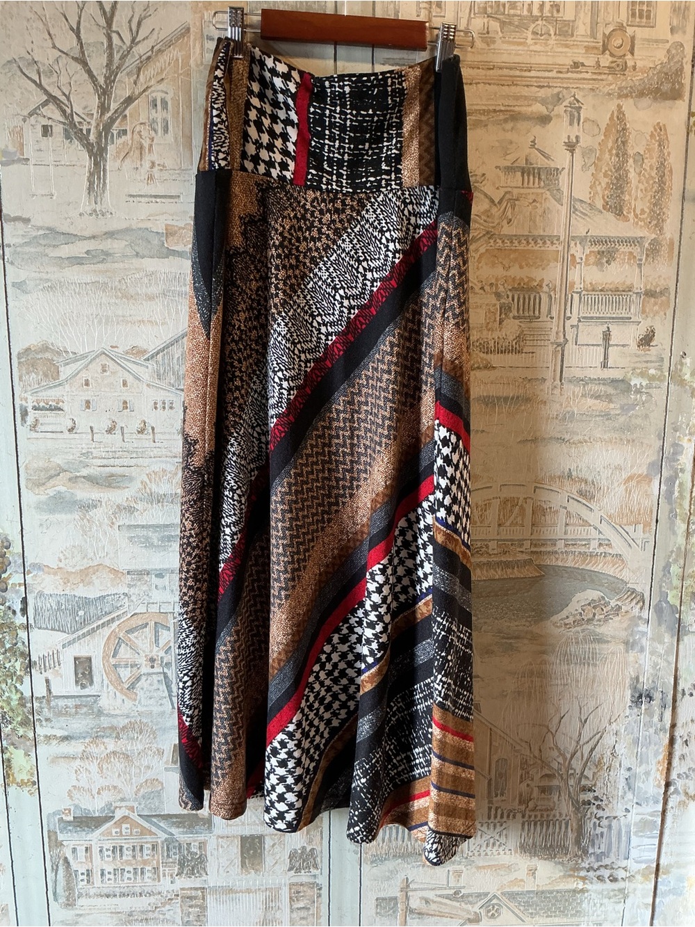 Sunny Leigh Multi-Pattern Midi Skirt in Black, Brown & Red